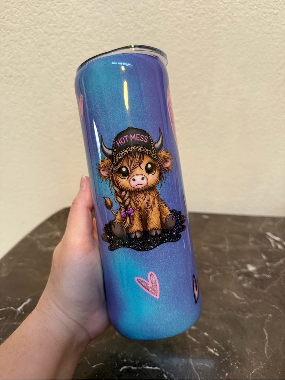 Hot Mess Highland Cow Colorful Glitter 20 oz Skinny Tumbler Cup Handmade